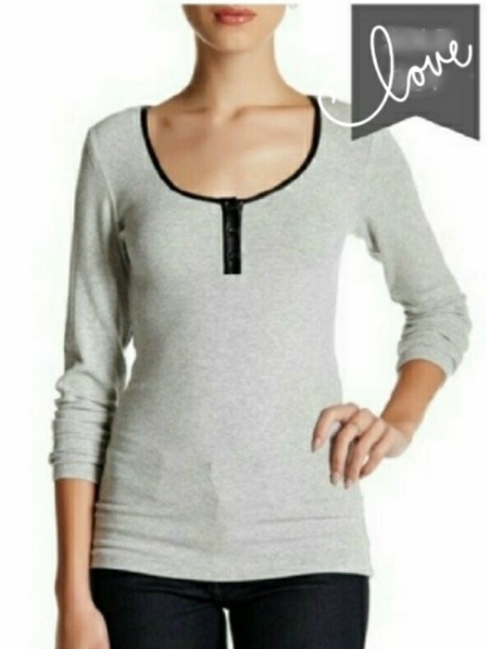 Tart Long Sleeve Henley Top - Light Gray & Black Trim